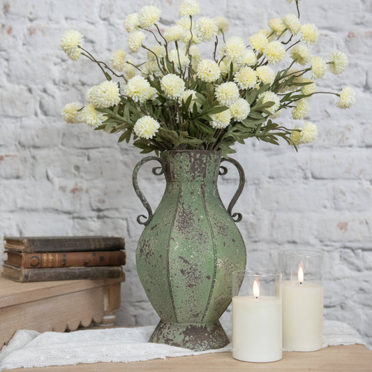 GREEN METAL TWO HANDLE VASE