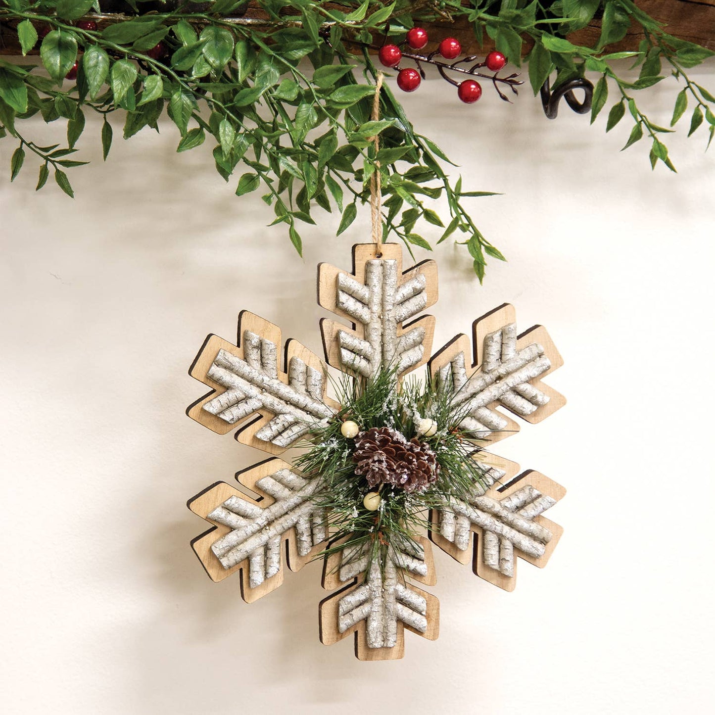 Wooden Birch & Pine Snowflake Ornament, 8"