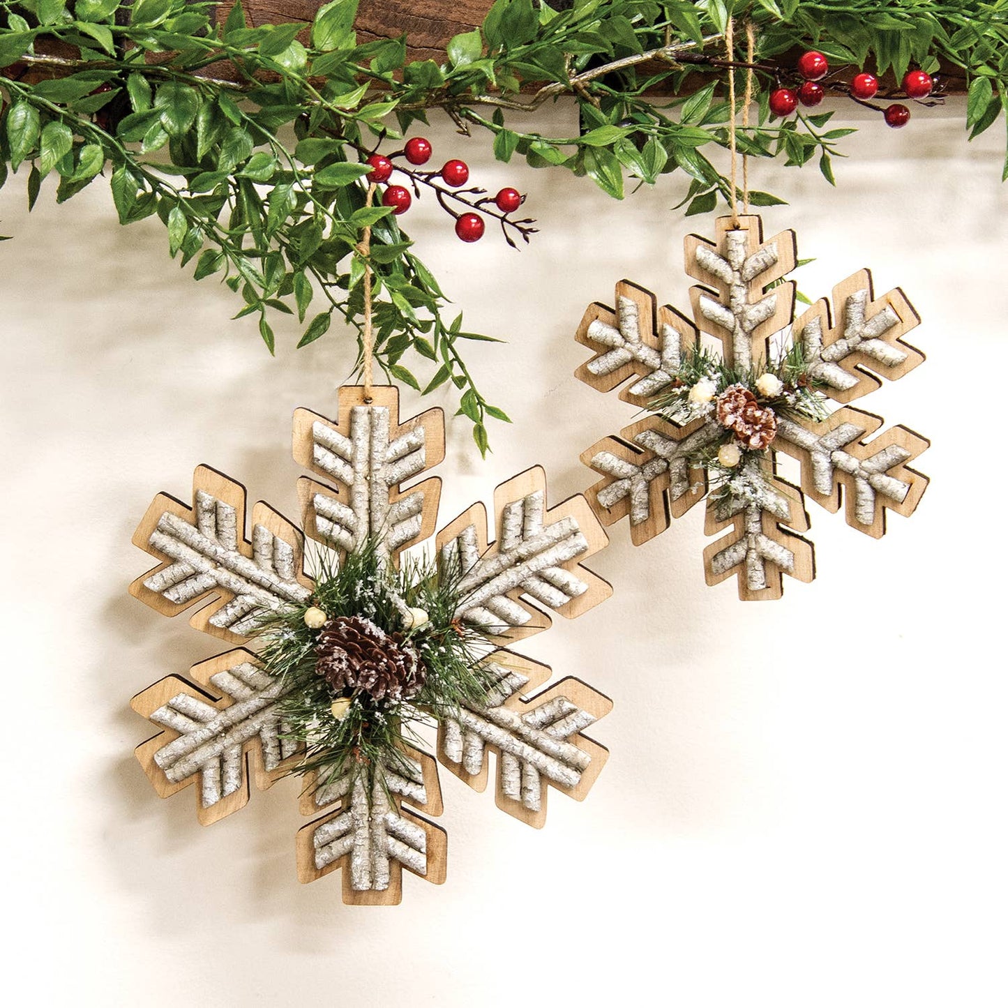 Wooden Birch & Pine Snowflake Ornament, 8"