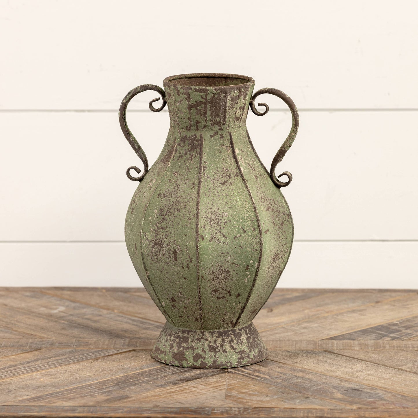 GREEN METAL TWO HANDLE VASE