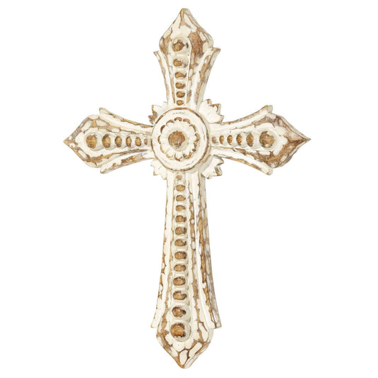 Wall Cross Brown White Wash Resin 13.75h