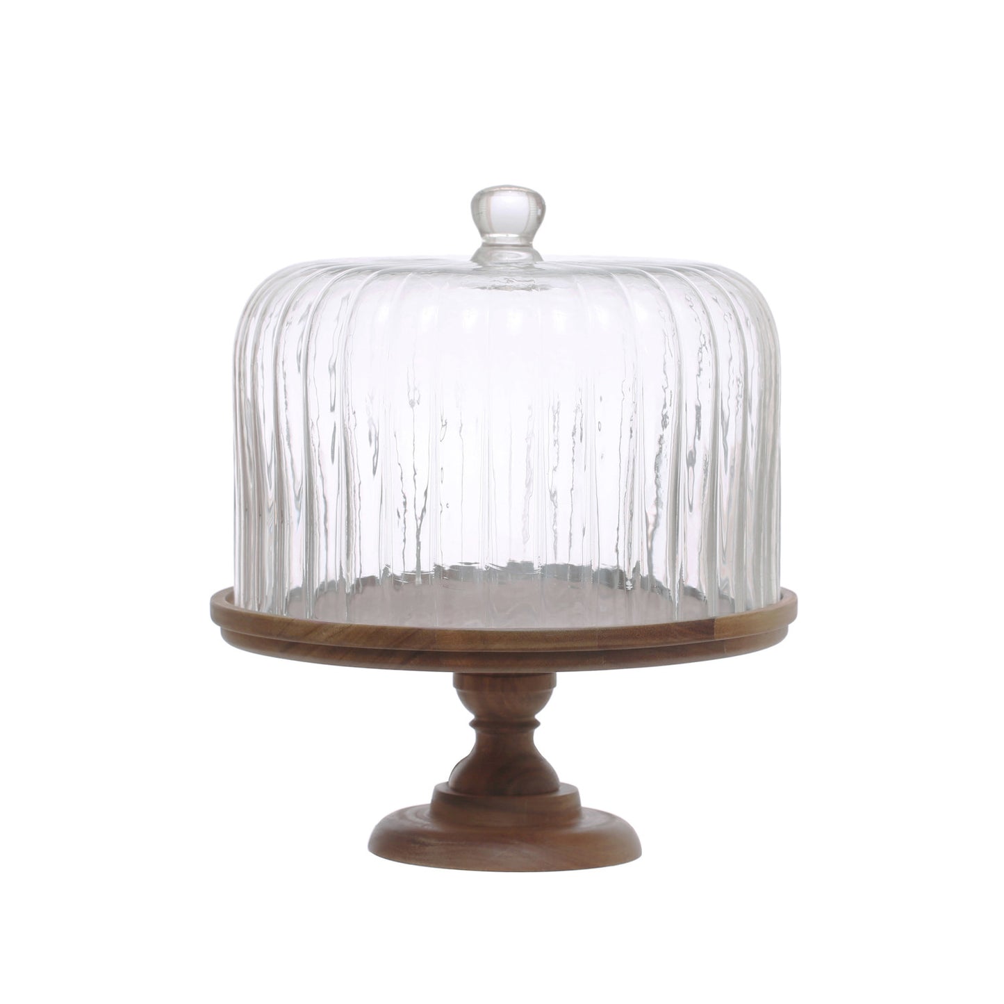 Acacia Wood Pedestal w/ Fluted Glass Cloche, Set of 2