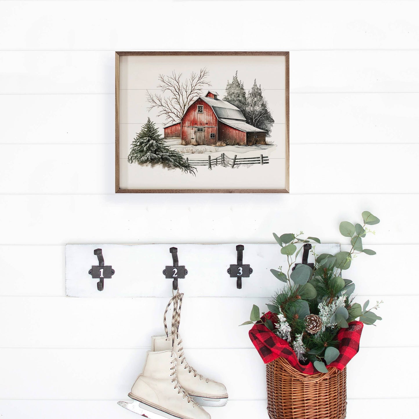 Winter Barn With Two Pines Behind: 10 x 8