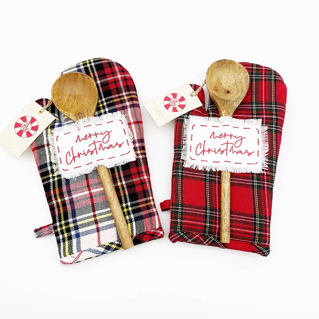 MERRY CHRISTMAS PLAID OVEN MIT W/WOOD SPOON