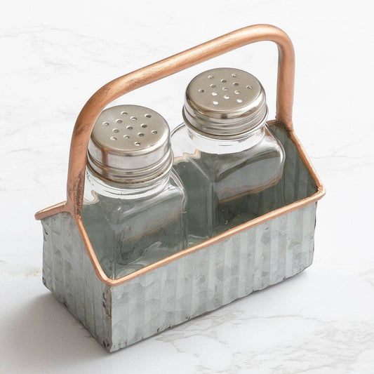 Salt And Pepper Shakers In Caddy - Corrugated Metal