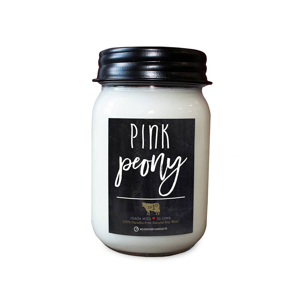 13 oz Mason Jar Soy Candle: Pink Peony, by Milkhouse