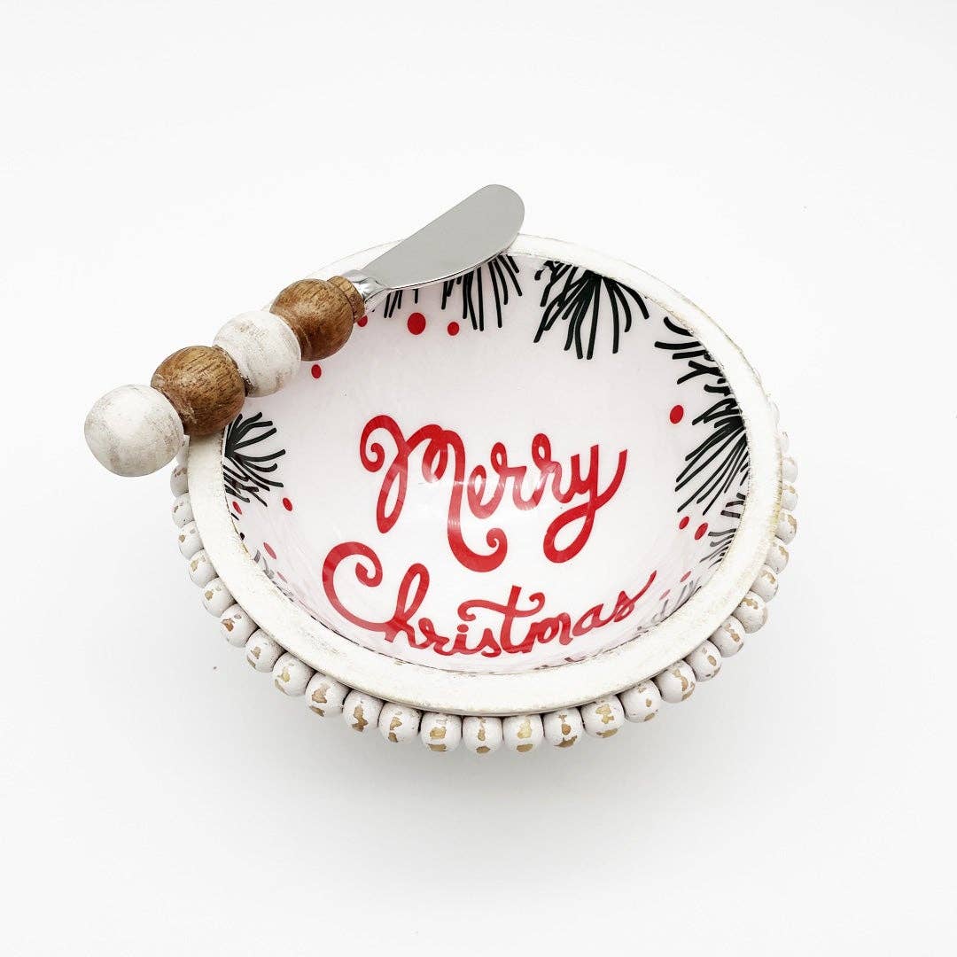 MERRY CHRISTMAS BEADED WHITE WASH BOWL WITH SPREADER SET..4 EACH